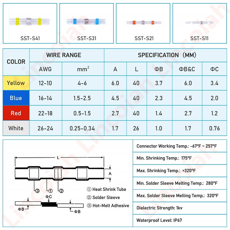 Solderin Heat Shrink Wire Connectors White 26-24AWG, 025mm-0.34mm