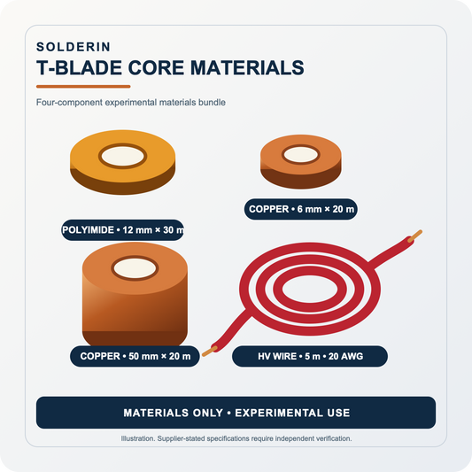 Illustrated contents of the Solderin T-Blade core materials bundle: 12 mm polyimide tape, 50 mm and 6 mm copper foil tape, and 5 m red high-voltage wire